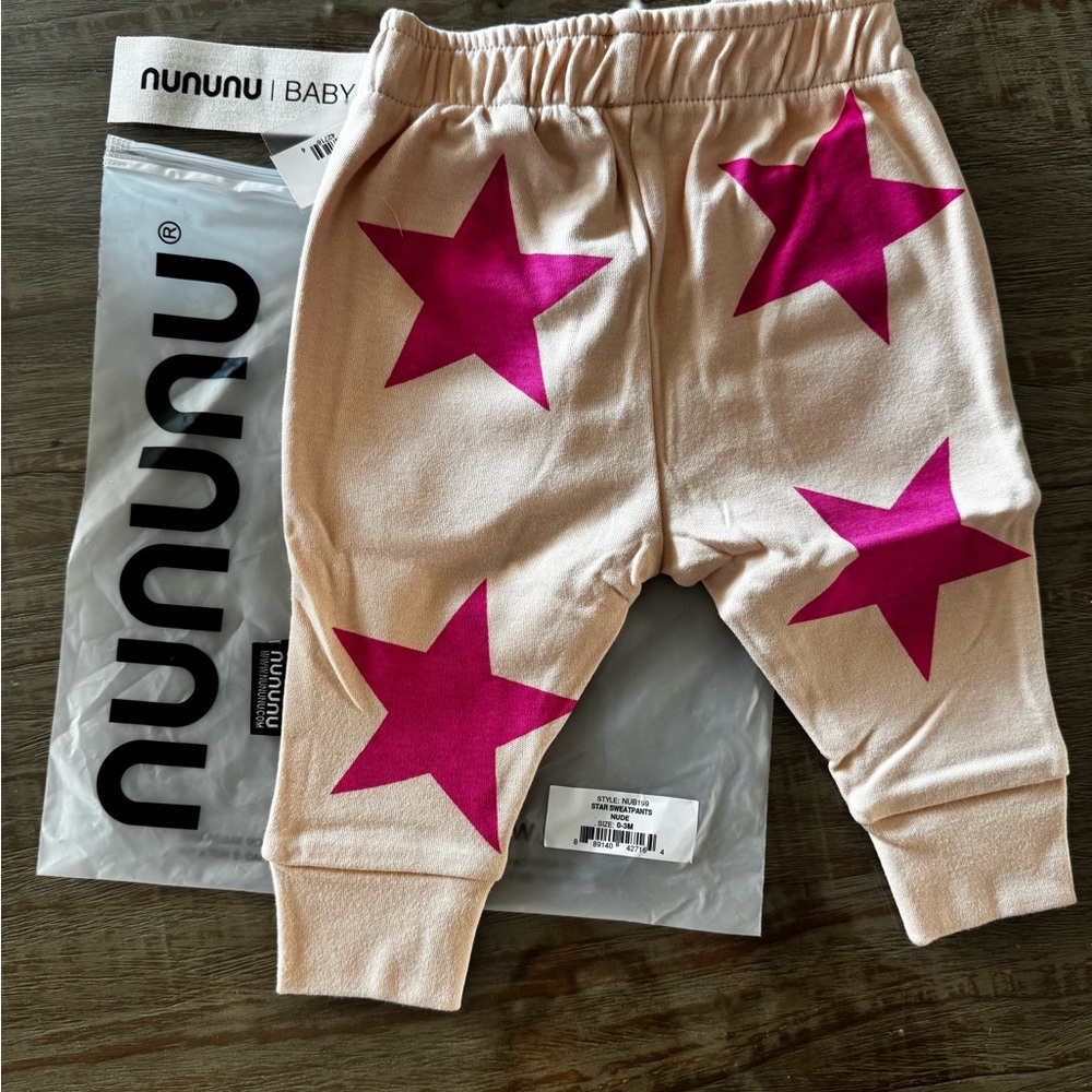 Nununu Kids Joggers with Pink Stars NWT 0-3 months. Part of a 2 piece set - Picture 3 of 9